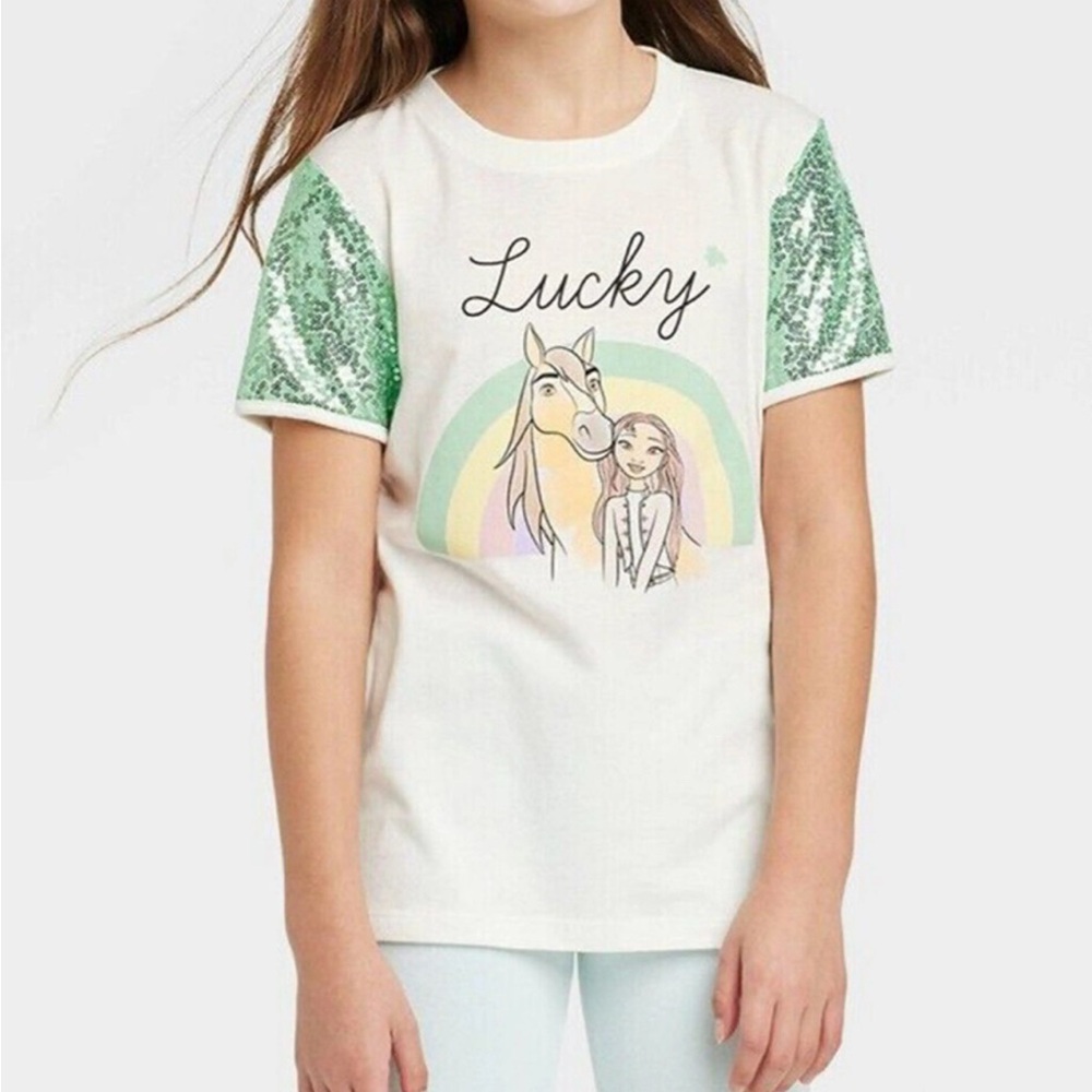 Dreamworks Spirit White and Green Sequin Tee
